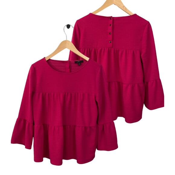 J. Crew Button Back Ribbed Tiered Pink Peplum Bell Sleeve Top Small - Picture 1 of 8